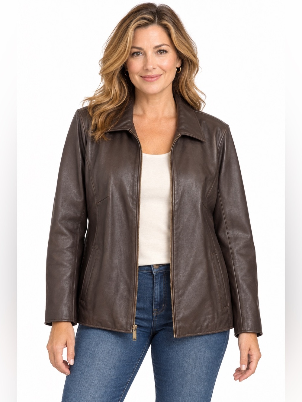 Eddie Bauer Jacket Size 4X Brown Genuine Leather Front Zip Woman’s